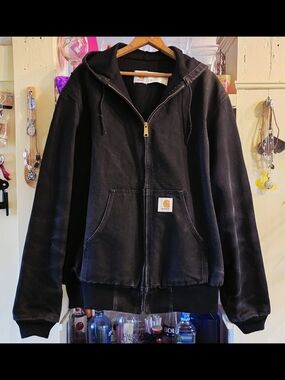 Carhartt Black Canvas Hooded Jacket Large Tall JR115 USA Vintage 1995 Clean EUC
